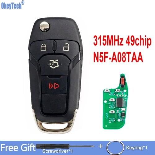 OkeyTech 3/4 Buttons 315MHz 49chip Flip Folding Car Remote Key For Ford F150-F550 Fusion Explorer N5F-A08TAA With Uncut Blade