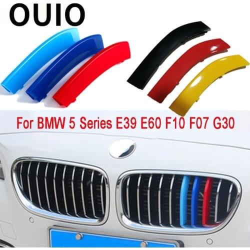 OUIO 3pcs ABS Car Grille Sticker Strip Cover Trim Clip For BMW E39 E60 E61 F10 F11 G30 G31 F07 5-Series GT M style Accessories