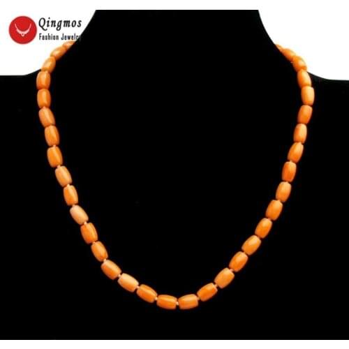 Qingmos Fashion Natural Coral Necklace for Women with 6*9mm Orange Column Thick Slice Coral Necklace Jewelry Choker 17'' nec6550