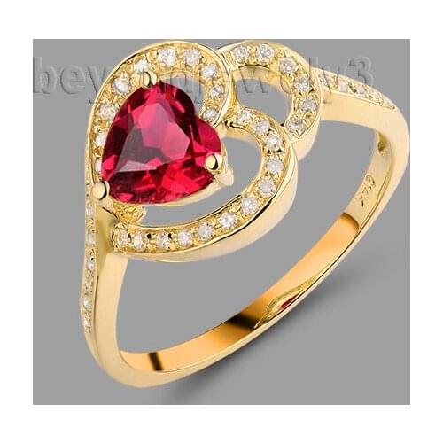 LANMI Romantic Heart Shape Ring 14Kt Yellow Gold 6mm Ruby Wedding Ring SR0021