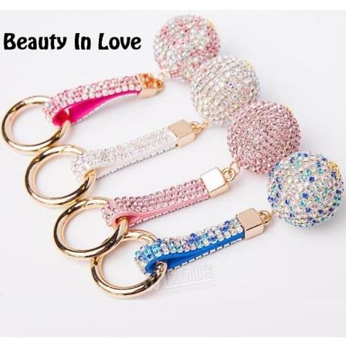 Strass Rhinestone Strap Crystal Cartoon Round Ball Pompom Car Keychain Key Chain Charm Pendant Key Ring For Women Porte Clef f20