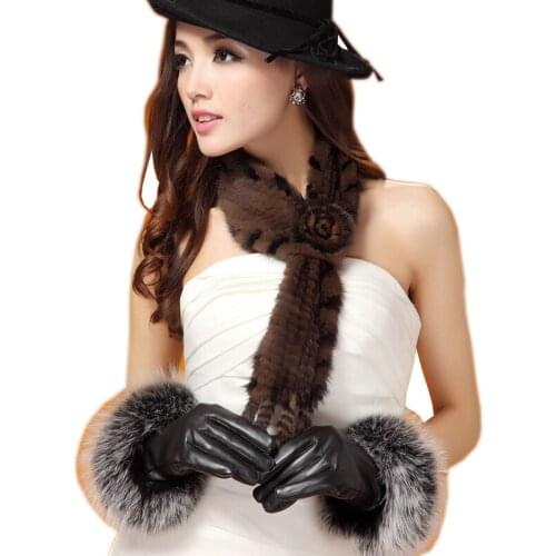 Harppihop Scarf Women Fashion Knitted Mink Fur Scarf With A Flower For Women in winter Multicolor Fur Shawl Tie fur scarf