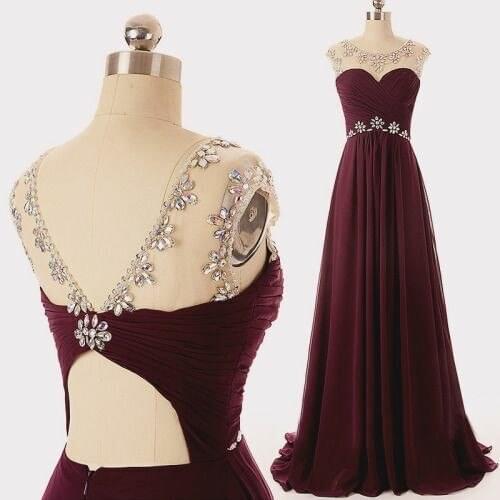 Vintage Long Burgundy Chiffon Pleated Evening Dresses with Pockets Floor Length Zipper Back Beaded Formal Party Dress for Women