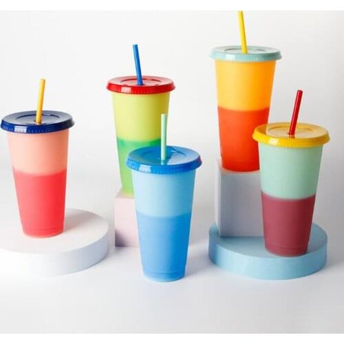 Magical Plastic Cold Water Color Changing Cup Tumbler Discoloration Changing Reusable Colour Cup With Straws Creative Water Cup