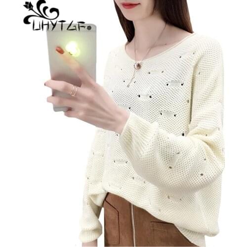 UHYTGF Knit sweaters for women Fashion bat sleeve pullover spring sweaters women O neck hollow thin plus size sweater female 726