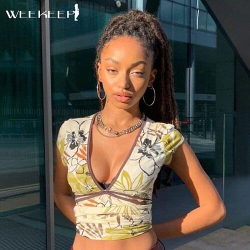 Weekeep Vintage Floral Print Bandage T-Shirt Women Short Sleeve V Neck Crop Tops Summer Y2k Aesthetic Harajuku Casual Streetwear