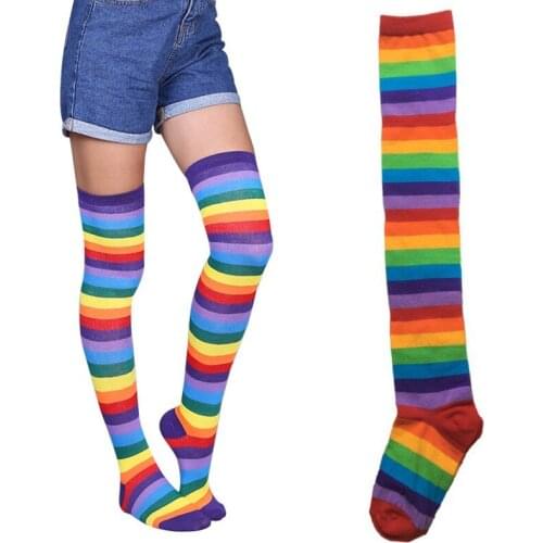 Women Thigh Highs Christmas Socks Sexy Knee High Rainbow Stripes Socks Happy Funny Girl Socks