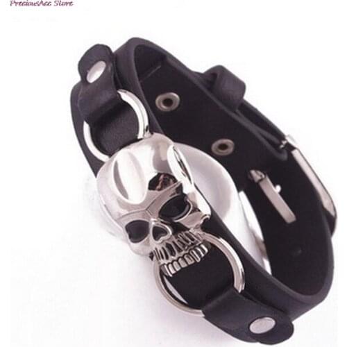 1pc Skull Pu Charm Bracelets Stainless Steel Rivet Punk Leather Bracelets Fashion Hip Hop Women Men Accessories
