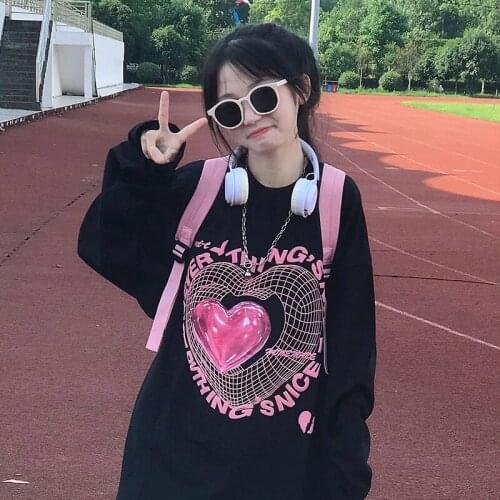 Harajuku Sweater Female ins Korean Loose Autumn Long Sleeve Heart Graphic Print Black Streetwear Punk Korean Vero Y2K Thin Top