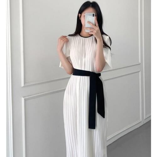 Sannian Women Dress Korea 2020 New Elegant Color Block Round Neck Pleated Bandage Beige Dress Girls Dresses