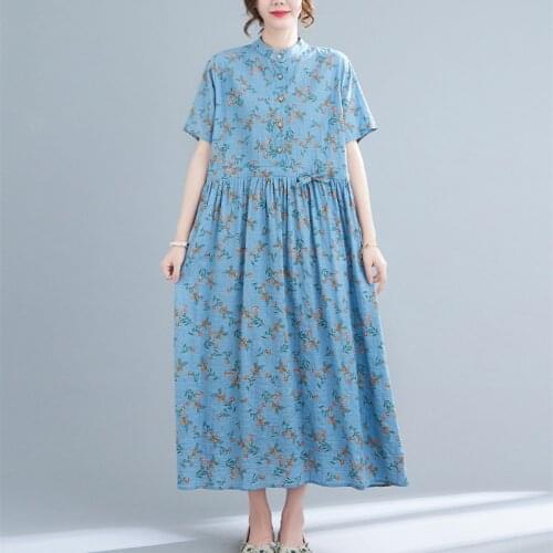Thin Soft Cotton Linen Fashion Floral Dress 2021 New Arrival Loose Women Travel Casual Summer Dress Office Lady OL Work Dress