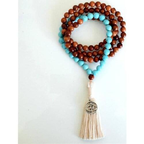 8mm Wood Turquoise 108 Beads Handmade Tassel Necklace Spiritua Mala Religious Tibetan Meditation Classic