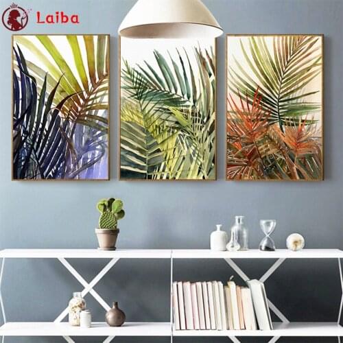 Diamond Mosaic Modern green leaf plant round drill Cross Stitch Diamond Embroidery Art Painting Full Square Decor For Home3pcs