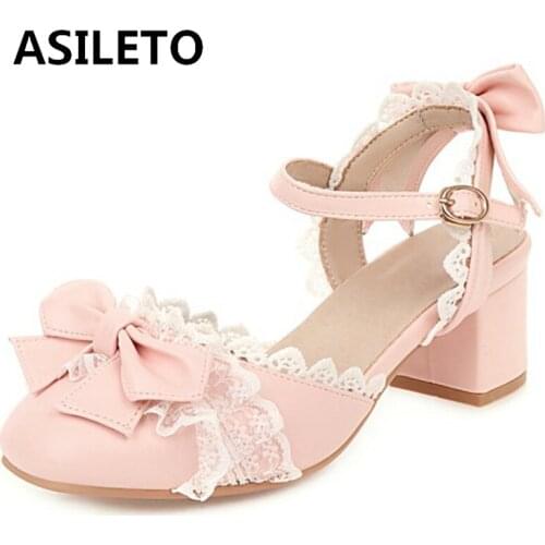 ASILETO New 2021 Ladies Sandals Square Toe Flower High Spike Heels Bow Big Size 46 US15 Lace Casual Summer Lolita A4074