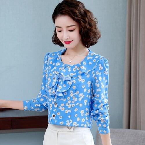 Autumn Elegant Tie Long Sleeve Chiffon Blouse Women Fashion Formal Slim Shirt Office Ladies Business Work Wear Daisy Print Tops