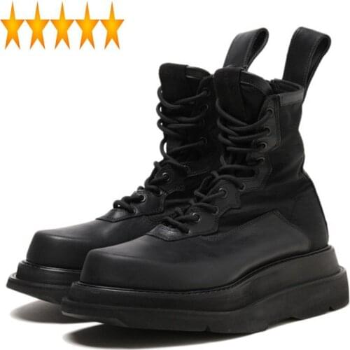 Mens Thick Platform Height Increasing Military Combat High Top Genuine Leather Ankle Boots Lace Up Moto Biker Safety Shoes