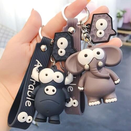 Ugly Cute Big Eye Bull and Elephant Keychain Cartoon Animal Key Chain Elephant Keyring Bag Pendant Keyfob Women Children Gifts