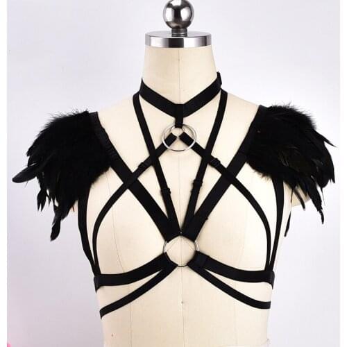 Women Feather Black Harness Bra Body Cage Adjust Open Chest Sexy Lingerie Goth Garter Festival Rave Bondage Body Harness Belt