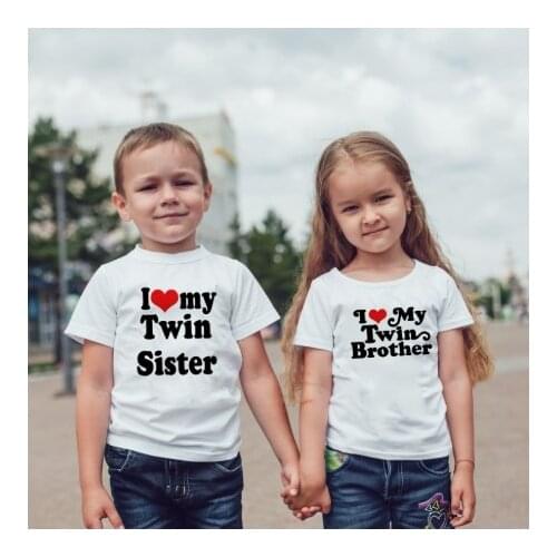 I Heart My Twin Sister Brother Print Boys Girls Tops Short Sleeve O-neck Children Casual Child T-shirt Kids Clothes