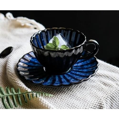 KINGLANG Klin Glazed Coffee Mug with Saucer Set Blue Color Ceramic Hightea Cup Set Cafe Store Cup