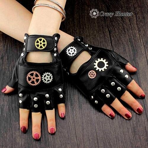 Steampunk Biker Gear Studded Leather Fingerless Gloves for Women Girl