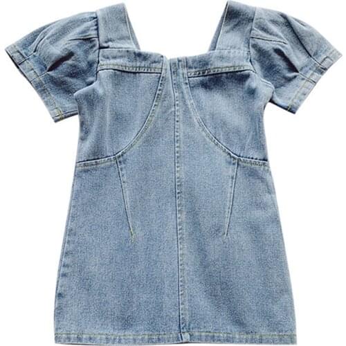 Summer Denim Girl Dress Fashion Patchwork Skirt Cotton Square Collar Baby Girl Clothes Puff Sleeve Kids Clothing