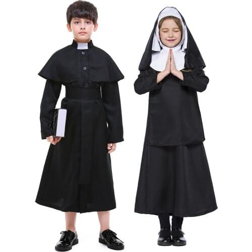 Missionary Cosplay Costumes for Child Halloween Carnival Priest Nun Long Robes Religious Pious Catholic Church Vintage Clothing