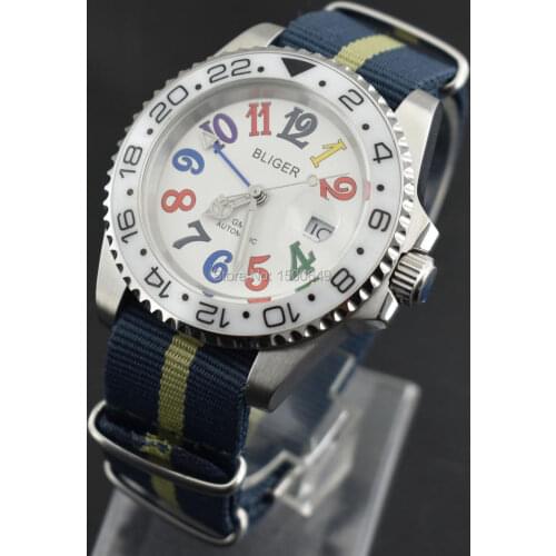 BLIGER 40mm Sapphire glass One-way rotating ceramic white bezel with white dial nylon strap automatic movement mens watches