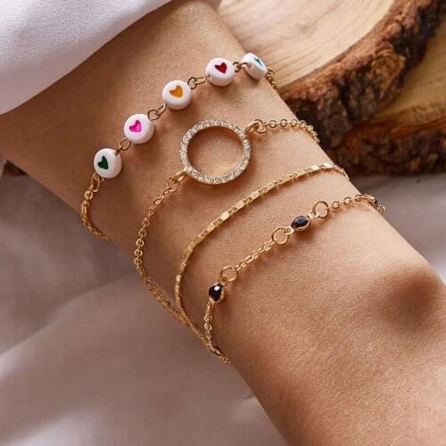 Docona Multilayer Acrylic Colorful Heart Charm Bracelets Set for Women Bohemian Crystal Circle Chains Bracelets Wedding Jewelry