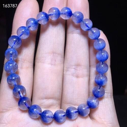Natural Blue Dumortierite Quartz Rutilated Crystal Bracelet 7.3mm Women Men Gemstone Round Beads Rare Reiki Stone AAAAA