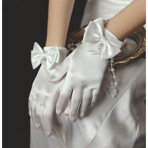 Elegant Bridal Short Wrist Gloves Satin Bow Pearl Finger Gloves for Wedding Travel Studio Photo Daily Life WG016