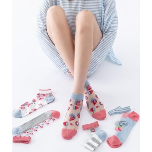 New Fashion Casual High Quality Crystal Silk Tide Sock Summer Girl Strawberry Peach Ice Cream Harajuku Breathable Short Sock