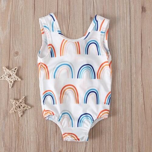 1-5Y Toddler Baby Girls One-Piece Printed Swimsuit, Cute Sleeveless Rainbow Pattern Bodysuit Swimwear For Summer