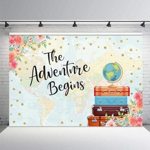 Adventure Begins Baby Shower Party Decorations Backdrop Vintage Red Floral Suitcases Travel Around The World Map Bridal Wedding