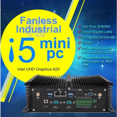 Industrial Mini PC Intel Core i5 8250U i7 7500U Barebone System 3G/4G SIM 2 RS485 COM GPIO 2 RJ45 Lan 8 USB Wifi Bluetooth