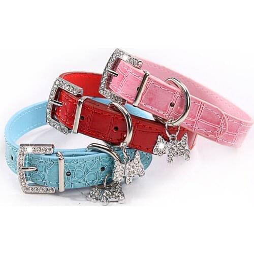 PU Leather Dog Collar For Small Dogs Bling Rhinestone Chain Pinch Collar For Dogs Leash Pet Accessories