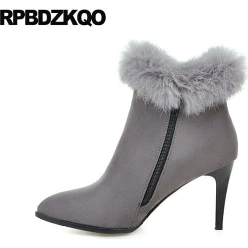 Plus Size Gray Booties Ankle Big Suede 10 High Heel Shoes Side Zip Boots Stiletto Pointed Toe Winter 2021 Thin Women Cheap Fur