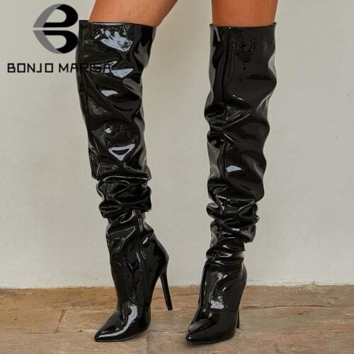 BONJOMARISA INS Hot Sale Sexy Female Knee High Boots Pointed Toe High Heels Pleated High Quality Brand Luxury Party Women Boots