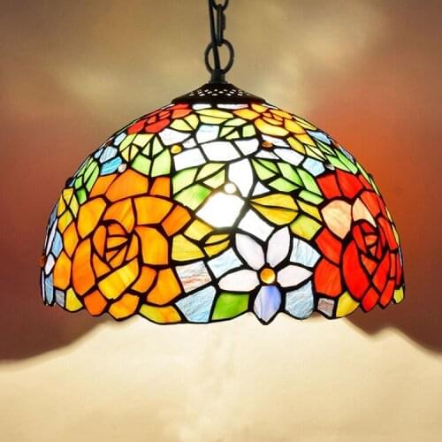 American-Style Rural Creative Tiffany Multi-Color Glass Vintage Restaurant Chandelier Red Rose 12-Inch Lighting