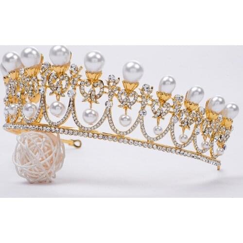 Handmade Vintage Gold Bride Tiaras Pearl Rhinestones Wedding Princess Crowns Bride Hair Jewelry Wedding Accessories