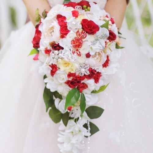 Wedding Bouquet Bridal Waterfall style bouquet Immortalized Rose bouquet Ivory & Red Bride 's Bouquet customizable