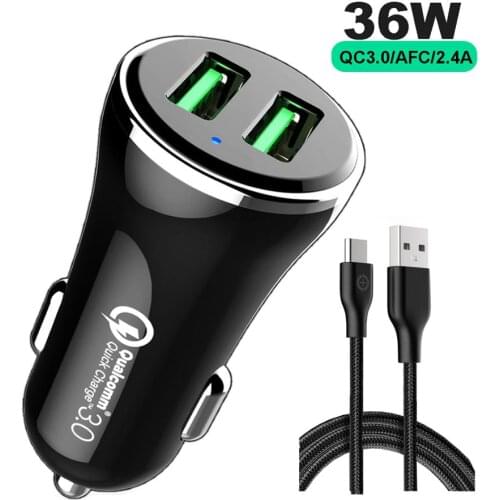 Quick Charge 3.0 Technology 36W 2-Port AFC/FCP QC3.0 Car Charger USB A TO USB-C 3A cable for Huawei/Galaxy/LG/Pixel etc.KC,CE