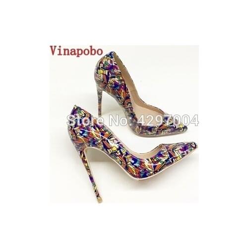 Women Shoes Stiletto 12/10/8cm High Heels wedding shoes Women Pumps Printing Patent Leather Pointed Toe Ladies Party Woman Shoes
