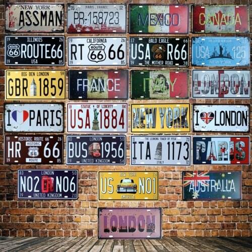 [ WellCraft ] New York London Paris Mexico License plate signs Wall Plaque Poster Decor Cafes France Route 66 Painting HY-1713