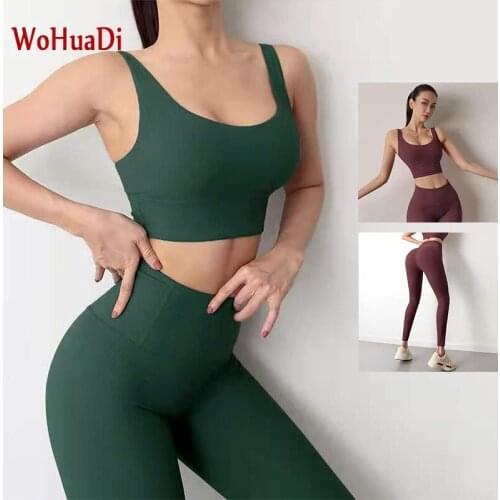 WOHUADI Womens Clothing Yoga Suit Sportswear Threaded shockproof Sports Bra Set Gym Fitness Female Outdoor High Waist Leggings
