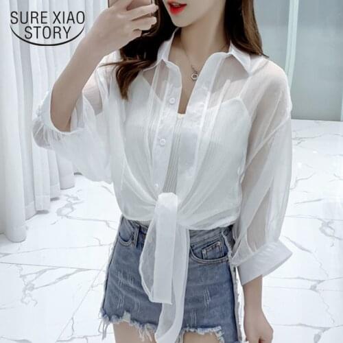 2020 Summer Sun Protection Women Blouses Super Thin Solid Color Chiffon Cardigan Short Sleeve Loose Women Blouse Shirts 9236 50