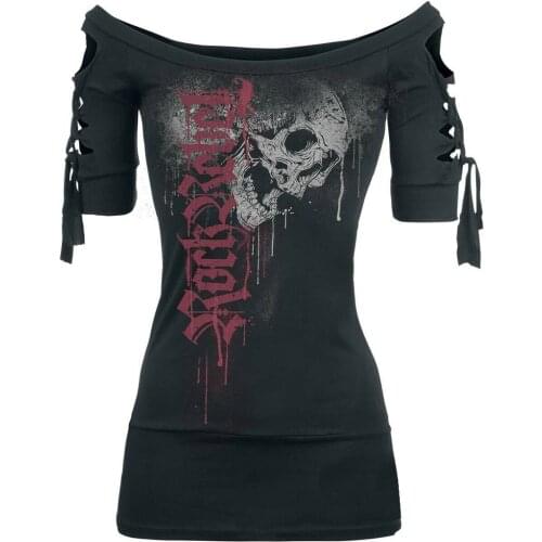 Woman Tshirts Fashion Casual Skull Printed Cool Black Bandage T-shirt Slash Slit Gothic Style Tops Plus Size женские футболки