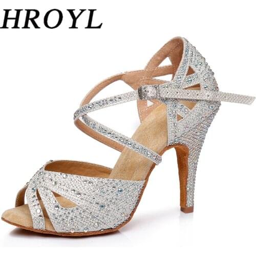 Women Rhinestone Ballroom Dance Shoes Latin Salsa Performance Dance Shoes Tango Salsa Sandals For Girls Heeled Shoes HROYL