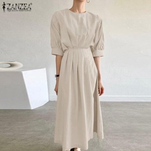 Womens Summer Sundress 2021 ZANZEA Vintage Pleated Dress Half Sleeve Casual Maxi Vestidos Belted Female Hollow Robe Oversize