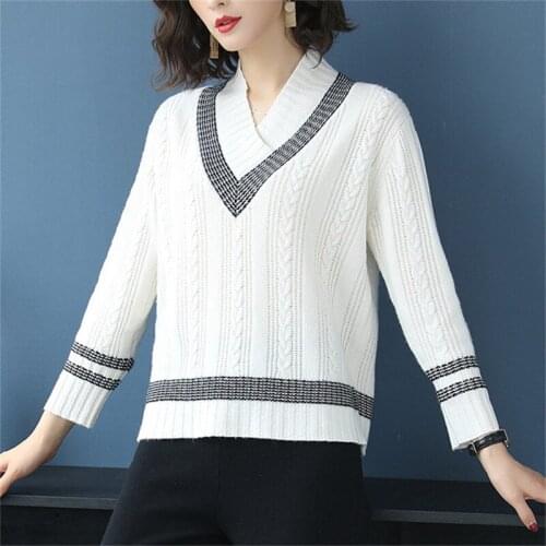 Pure wool knit women fashion v-neck preppy style loose pullover sweater solid color S-M retail wholesale